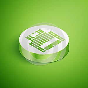 Isometric Hotel Ukraina building icon isolated on green background. White circle button. Vector