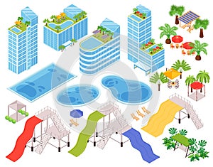 Isometric Hotel Water Park Outdoor Icon Set