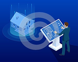 Isometric house architectural project. Virtual interactive interface. Engineer uses the virtual interface for augmented