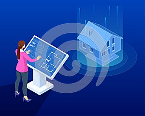 Isometric house architectural project. Virtual interactive interface. Engineer uses the virtual interface for augmented