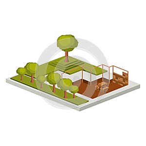 Isometric house architecture model and trees design