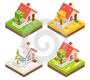 Isometric House 3d Icon Real Estate Symbol Meadow Season 3d isometric Background Design Vector Illustration