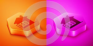 Isometric House with dollar symbol icon isolated on orange and pink background. Home and money. Real estate concept