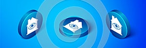 Isometric House with eye scan icon isolated on blue background. Scanning eye. Security check symbol. Cyber eye sign