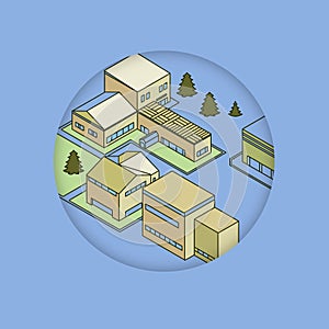 isometric house illustraton blue background, city, town and building