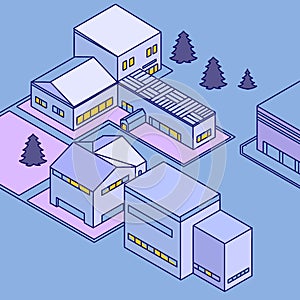 isometric house illustraton blue background, city, town and building