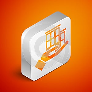 Isometric House insurance icon isolated on orange background. Security, safety, protection, protect concept. Silver