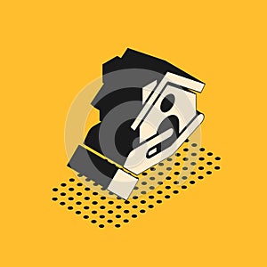 Isometric House insurance icon isolated on yellow background. Security, safety, protection, protect concept. Vector.
