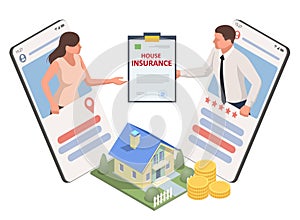 Isometric house insurance policy concept. House insurance business service. Property insurance policy signing