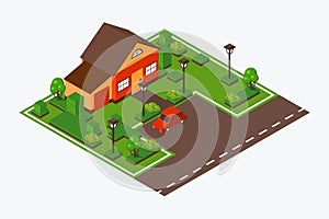 Isometric house with lawn and car, vector illustration. Game design tile of suburb home near road. Town house in