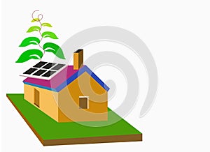Isometric house with solar cell on roof, eco home icon vector copy space.
