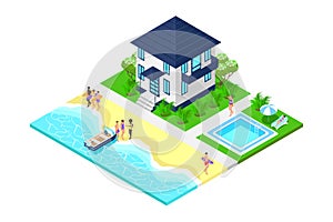 isometric house with swimming pool on the beach with isometric vacation people