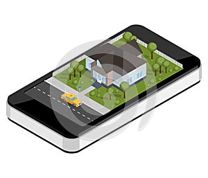 Isometric house and taxi on a smartphone on a white background.