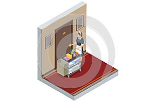 Isometric Housemaid opening the door to the room for cleaning. Woman chambermaid holding a towel standing with maid cart