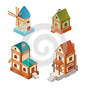 Isometric houses in retro style, vector illustration of cartoon one and two-story house, mill isolated on white for