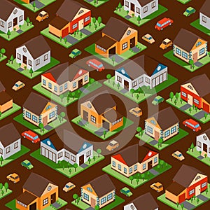 Isometric houses in seamless pattern, vector illustration. Wrapping paper with town streets of residential district