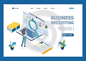 Isometric HR Manager, business recruiting manager reviews the resume options on the site. Template Landing page