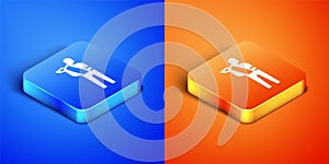 Isometric Human broken arm icon isolated on blue and orange background. Injured man in bandage. Square button. Vector