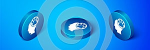 Isometric Human head with animals footprint icon isolated on blue background. Pet paw in heart. Love to the animals