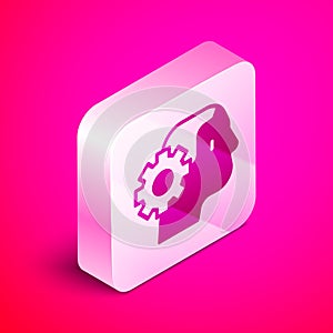 Isometric Humanoid robot icon isolated on pink background. Artificial intelligence, machine learning, cloud computing