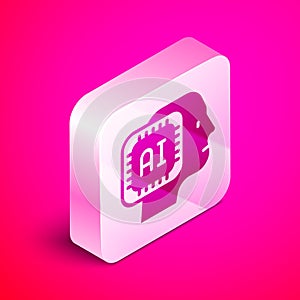 Isometric Humanoid robot icon isolated on pink background. Artificial intelligence, machine learning, cloud computing