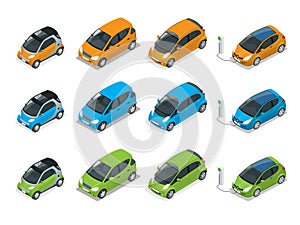 Isometric Hybrid, Electric and Mini Cars. City cars on white background. Flat 3d Vector compact smart car