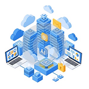 Isometric A I data center with servers laptops and cloud icons