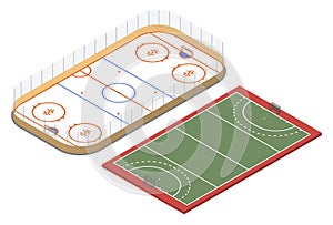 Isometric ice hockey rink and field hockey court