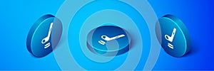 Isometric Ice hockey stick and puck icon isolated on blue background. Blue circle button. Vector