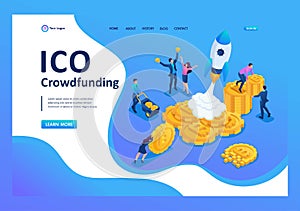 Isometric ICO crowdfunding in the cryptocurrency business have money to invest in project. Landing page concepts and web design