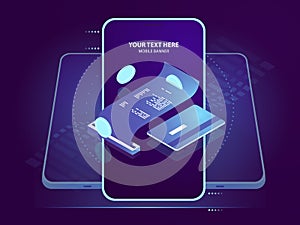 Isometric icon of electron payment, pay receipt with credit card, online bank security, blockchain and cryptocurrency