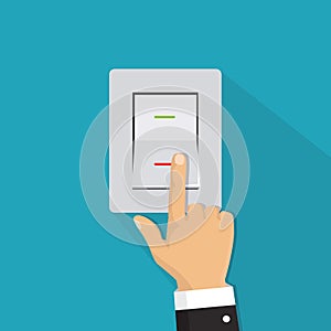 Isometric icon. Hand turning on the light switch. Toggle switch.