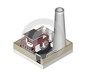 Isometric icon representing factory building with a pipe, cisternae, fence with a barrier