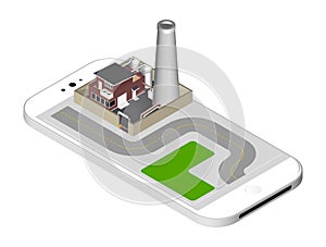 Isometric icon representing factory building with a pipe, cisternae, fence with a barrier - standing on the smartphone