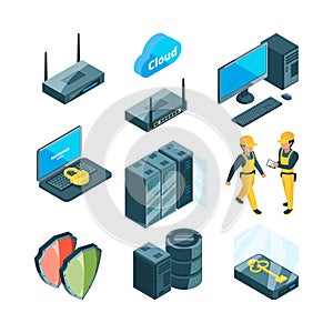 Isometric icon set of different electronic systems for datacenter