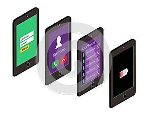 Isometric icon set of mobile phone in flat style. User interface concept