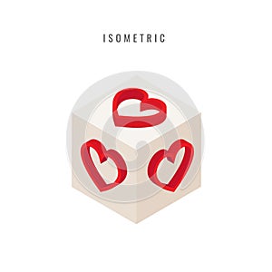 Isometric. icon. Valentine, red heart in box, vector symbol in s