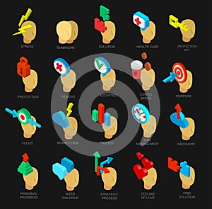 Isometric icons collection of human brain process