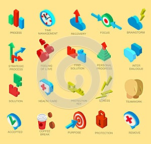 Isometric icons collection of human brain process