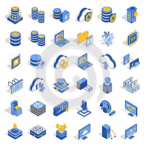 Isometric technology icons depicting data servers cloud computing and cybersecurity