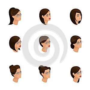 Isometric icons of head hairstyles, 3D faces, eyes, lips, female emotions. Qualitati isometry of people for vector illustrations