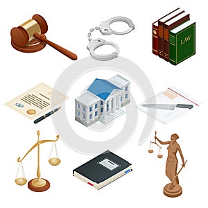Isometric icons of isolated public justice symbols. Lawbook, handcuff, judge gavel, scales, paper, Themis. Vector