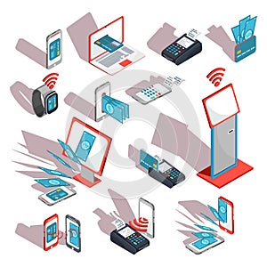 Isometric icons of mobile phones, laptop, wristwatches showing the ease and convenience of online payments