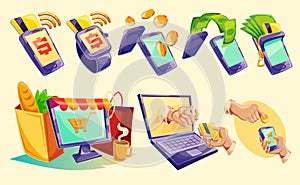 Isometric icons of mobile phones, laptop, wristwatches showing the ease and convenience of online payments