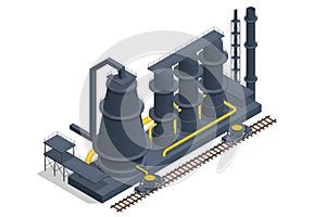 Isometric icons set with Blast furnace slag and pig iron tapping. Iron and steel Industry. Hot steel pouring in steel