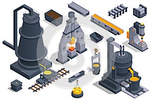 Isometric icons set with Blast furnace slag and pig iron tapping. Iron and steel Industry. Hot steel pouring in steel photo