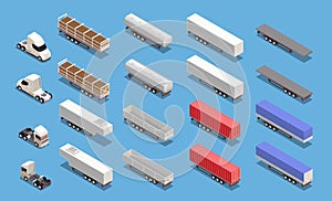Isometric icons set with colorful cargo trailers and trucks isolated on blue background 3d vector
