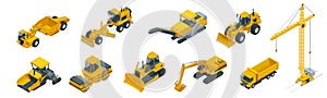 Isometric icons set of construction equipment and machinery with trucks crane and bulldozer. Isolated vector Building