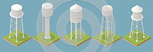 Isometric icons set of water towers , a water tank constructed at a height sufficient to pressurize a distribution