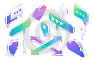 Isometric icons shield, cloud, speech bubbles